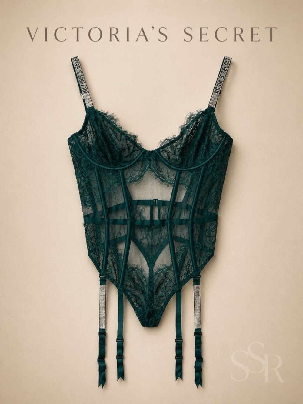 Victoria’s Secret Very Sexy Shine Strap Lace Teddy Emerald Green Rhinestone S/P